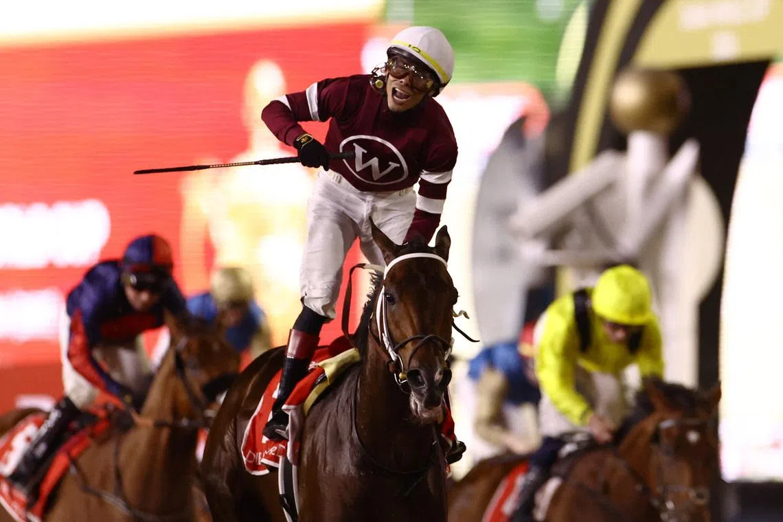 Horse racing - Dubai World Cup - Meydan Racecourse, Dubai, United Arab Emirates - March 28, 2026 Magnitude ridden by Jose Ortiz in action during the Dubai World Cup REUTERS/Amr Alfiky