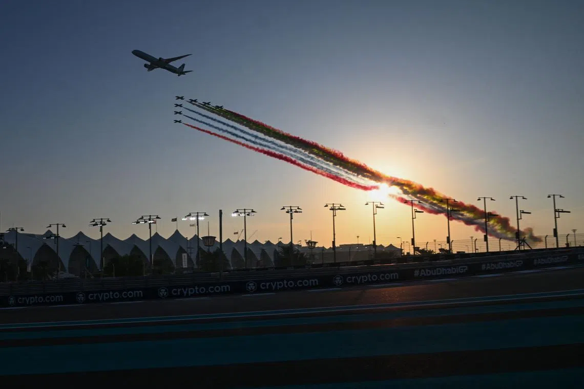 An aerobatic team performing ahead of the Abu Dhabi Formula One Grand Prix at the Yas Marina Circuit in the Emirati city on Nov 26, 2023.
