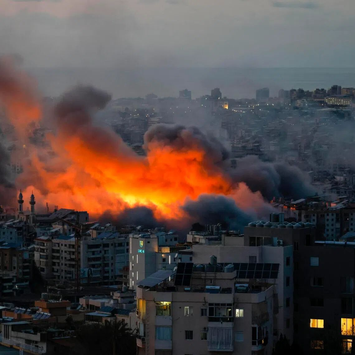 Smoke and flames rise following an Israeli air strike on Dahieh, a suburb in the south of Beirut, Lebanon, on March 6. 