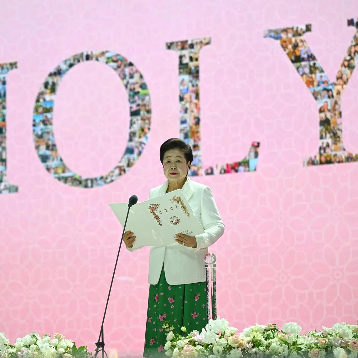 Unification Church leader Han Hak-ja attending a mass wedding ceremony organised by the church in Gapyeong., South Korea.
