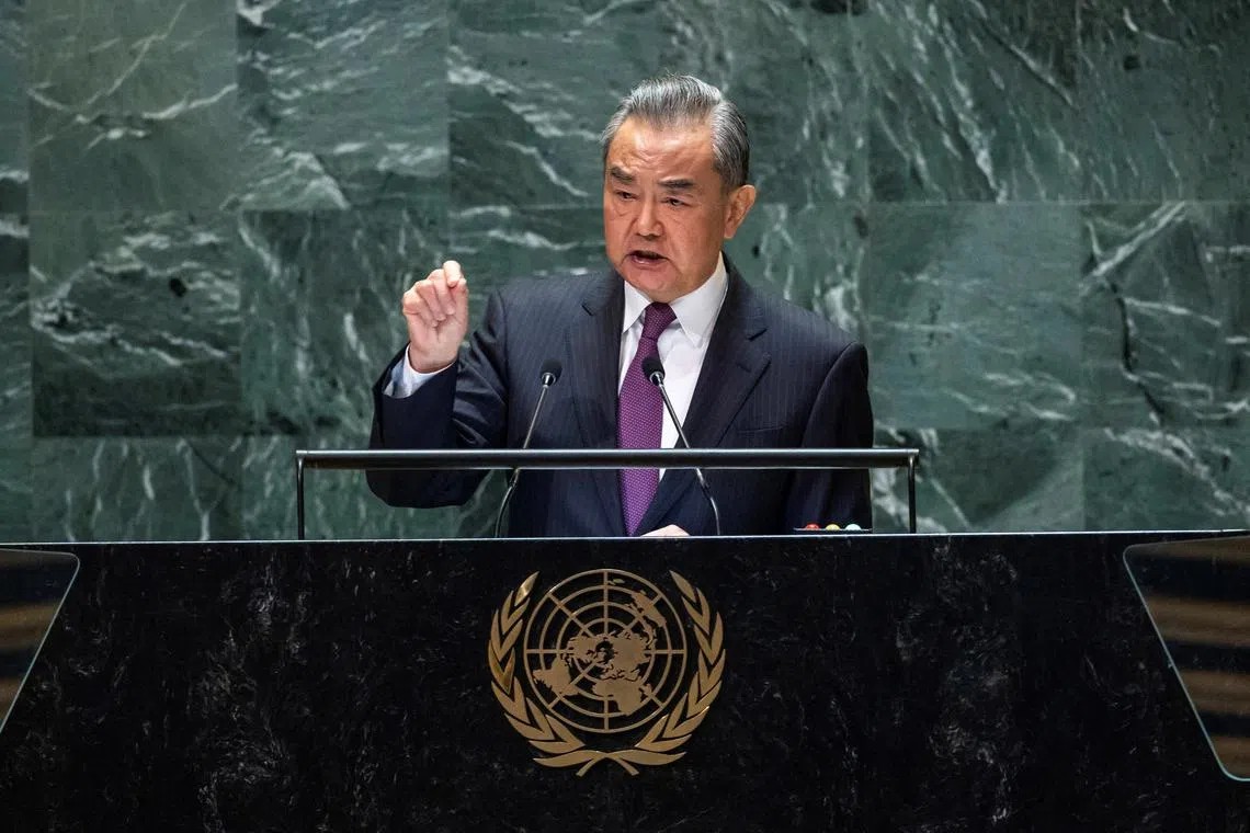 China's Foreign Minister Wang Yi addresses the 79th United Nations General Assembly at U.N. headquarters in New York, U.S., September 28, 2024.  REUTERS/Eduardo Munoz