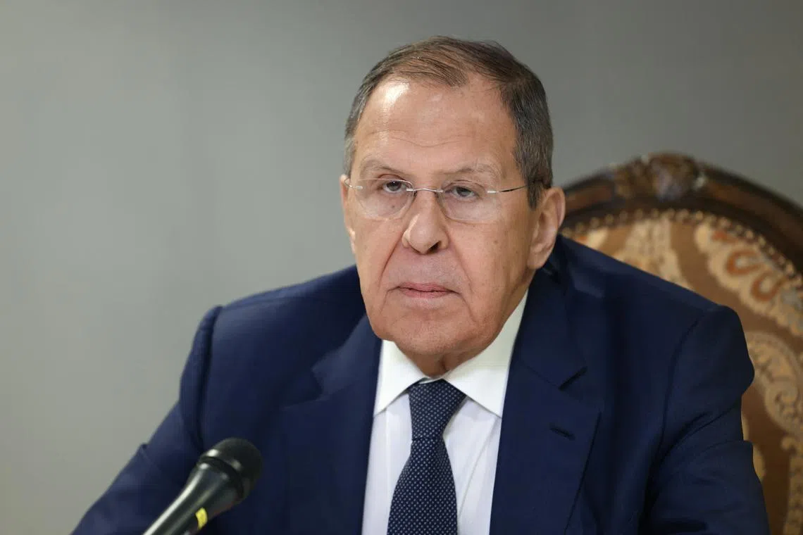 FILE PHOTO: Russian Foreign Minister Sergei Lavrov attends a press conference in Riyadh, Saudi Arabia February 18, 2025. Russian Foreign Ministry/Handout via REUTERS/File Photo
