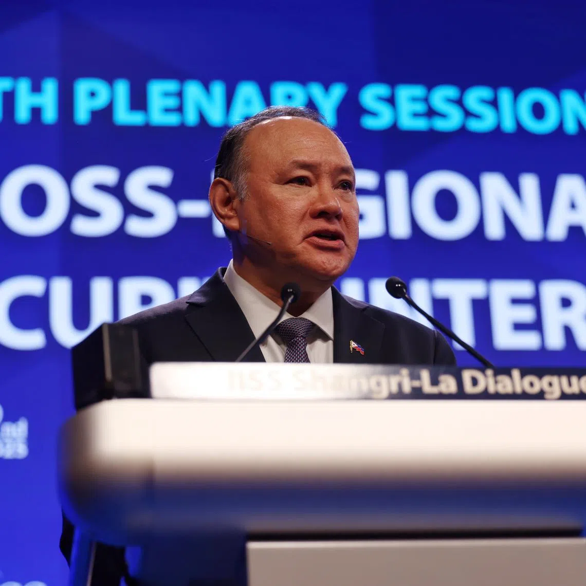 Philippines defence chief Gilberto Teodoro Jr speaking at a plenary session during the 22nd Shangri-La Dialogue on June 1.