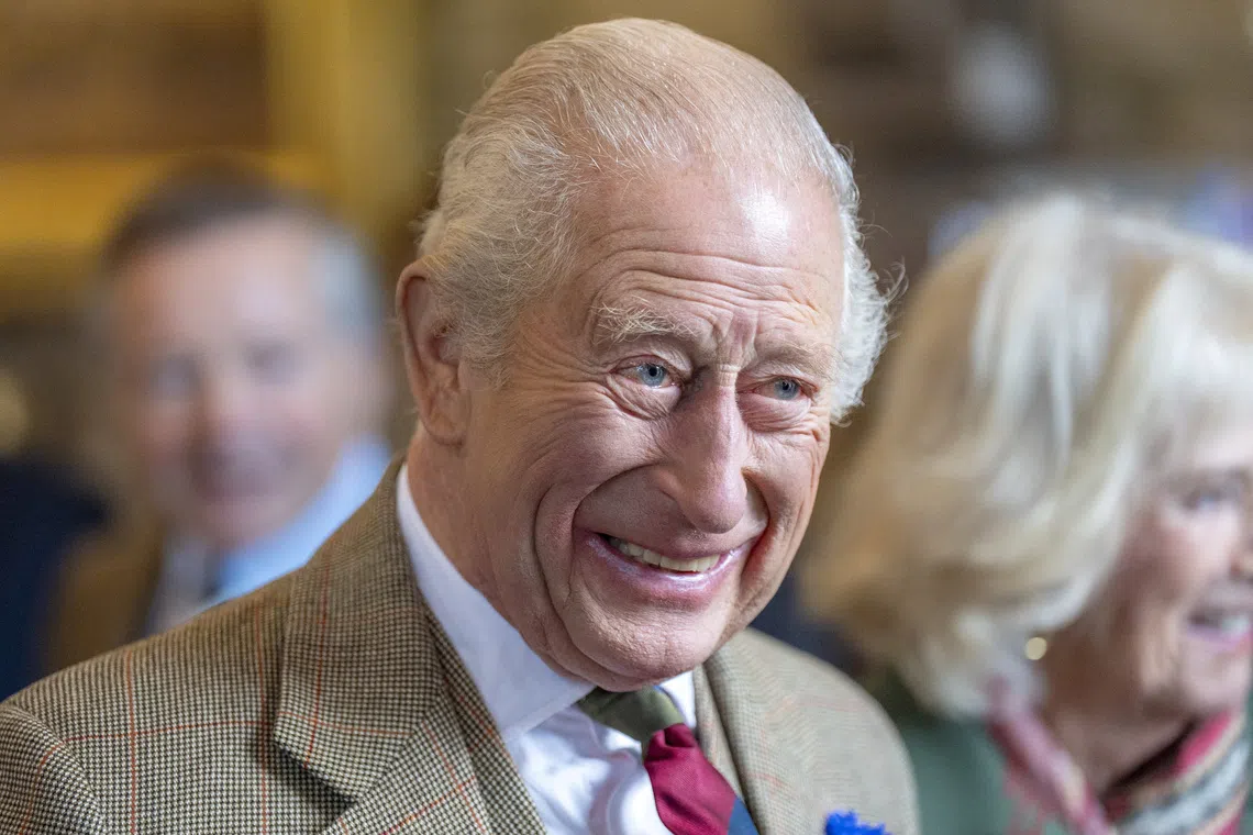 Britain's King Charles reacts during a visit to mark the 150th anniversary of the Albert Hall in Ballater, Scotland, Britain, October 9, 2025.   Jane Barlow/Pool via REUTERS