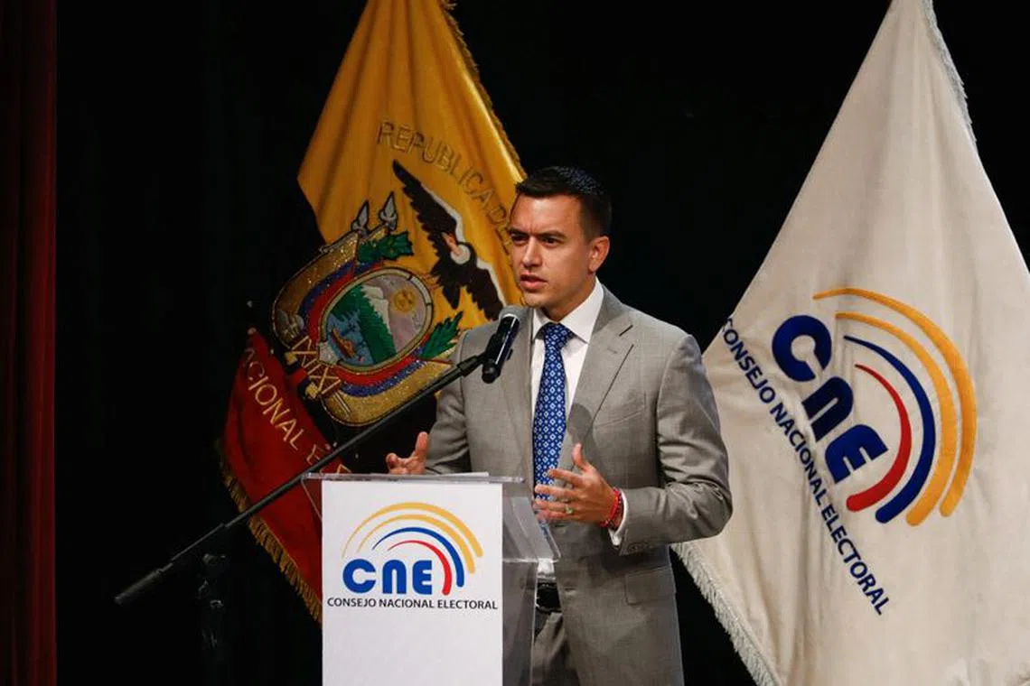 FILE PHOTO: Ecuador's President-elect Daniel Noboa speaks after receiving his credentials from Ecuador's National Electoral Council, in Quito, Ecuador, November 15, 2023. Reuters/Karen Toro/File Photo