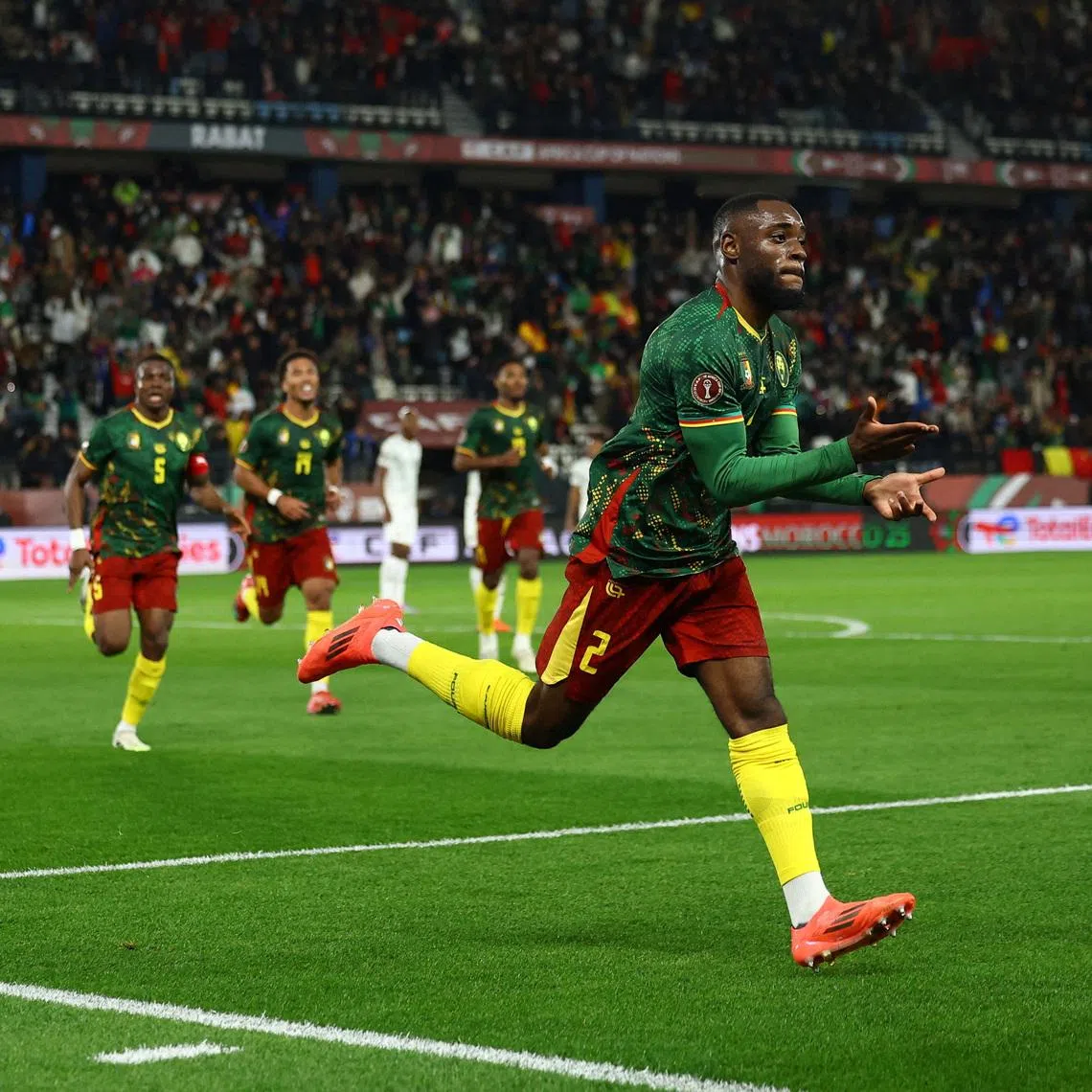 Soccer Football - CAF Africa Cup of Nations - Morocco 2025 - Round of 16 - South Africa v Cameroon - Al Medina Stadium, Rabat, Morocco - January 4, 2026 Cameroon's Junior Tchamadeu celebrates scoring their first goal REUTERS/Siphiwe Sibeko