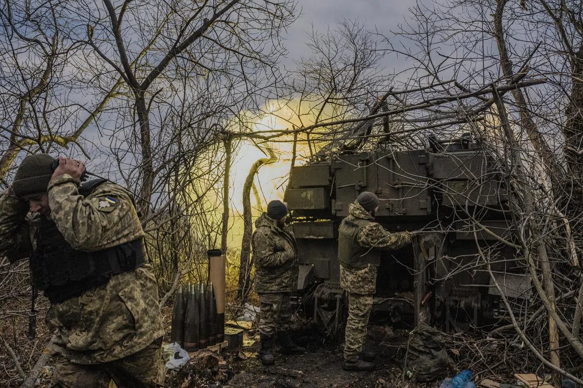 Ukrainian soldiers at an artillery position near Bakhmut on March 3, 2023.