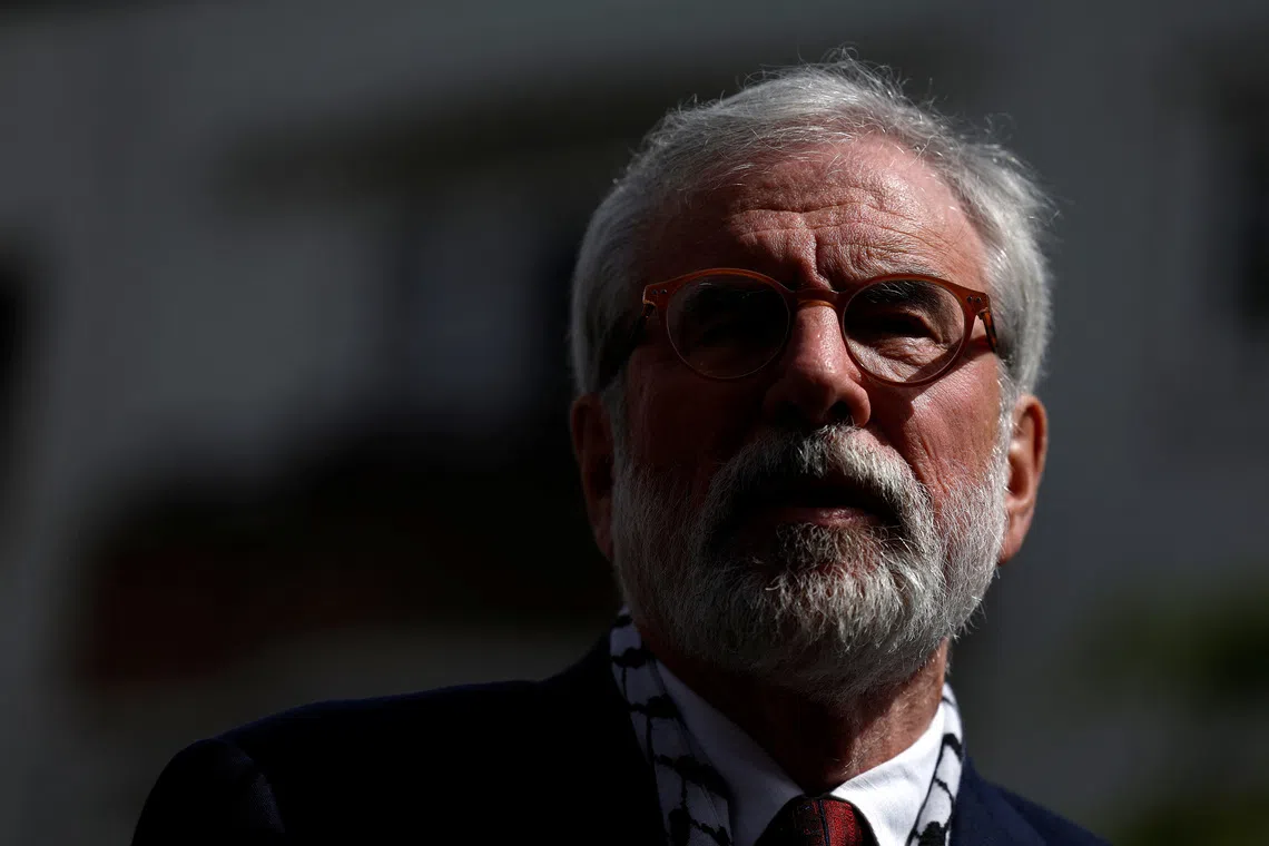 Former Sinn Fein President Gerry Adams speaks to media outside the High Court, after winning a legal action against the BBC, in Dublin, Ireland, May 30, 2025. REUTERS/Clodagh Kilcoyne