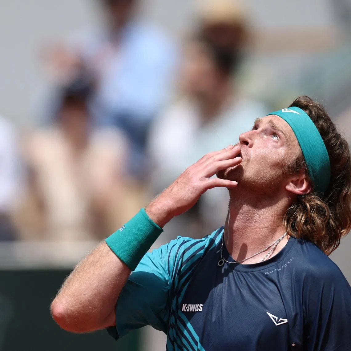 Russia's Andrey Rublev celebrates winning his third round match against Portugal's Nuno Borges, Tennis, French Open, Roland Garros, Paris, France, May 29, 2026. REUTERS/Stephane Mahe