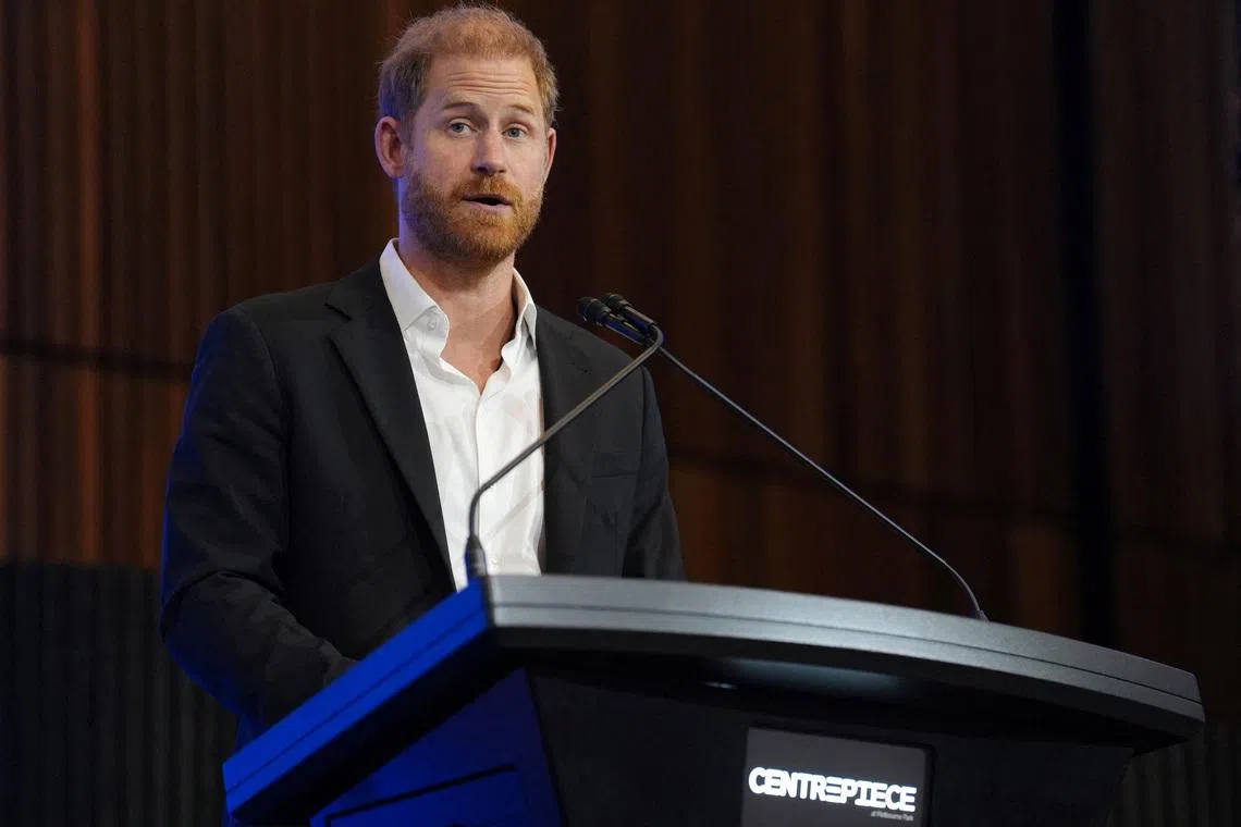Britain's Prince Harry, the Duke of Sussex, delivers the keynote speech at the InterEdge Summit, at Centrepiece in Melbourne Park, Victoria, Australia, April 16, 2026.  Jonathan Brady/Pool via