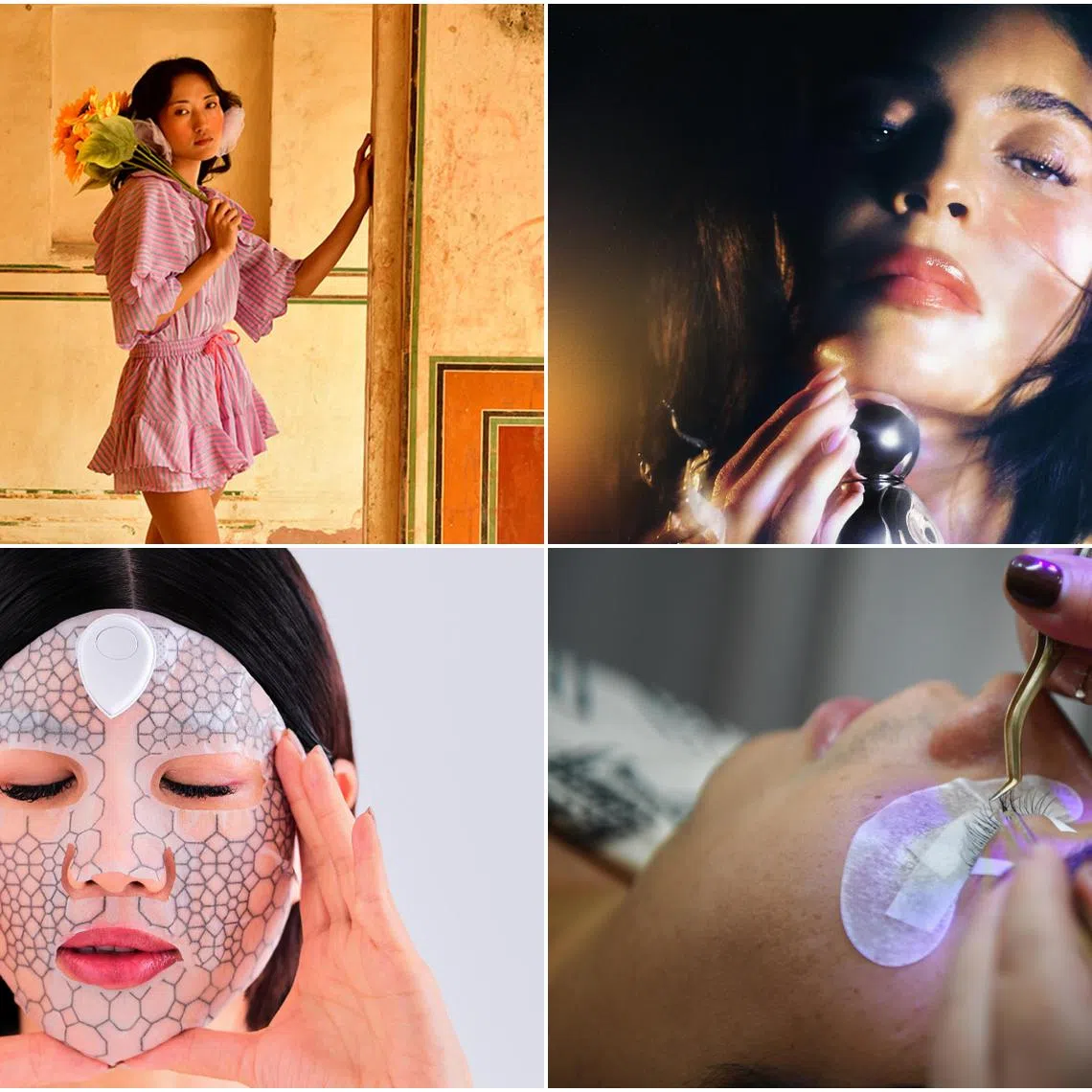 (Clockwise from top left) Apollonia will be available at Design Assembly; new fragrance from Kylie Cosmetics; Perky Lash debuts biodegradable lashes; and Jung Beauty's next-generation mask.