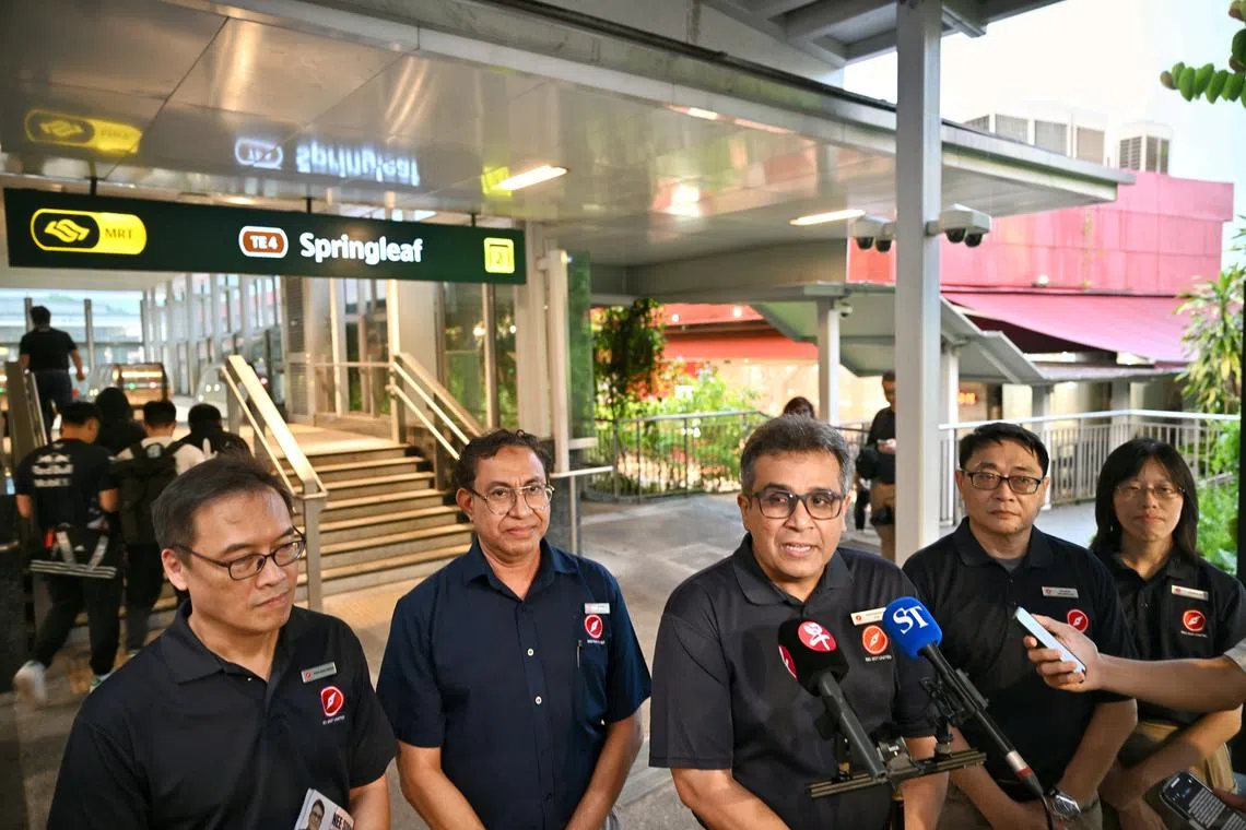 (From left)The Red Dot United Nee Soon GRC team consisting of Mr Pang Heng Chuan, Dr Syed Alwi Ahmad, Red Dot United secretary-general Ravi Philemon, Mr David Foo and Ms Sharon Lin speak to  the media before their walkabout on April 25.
