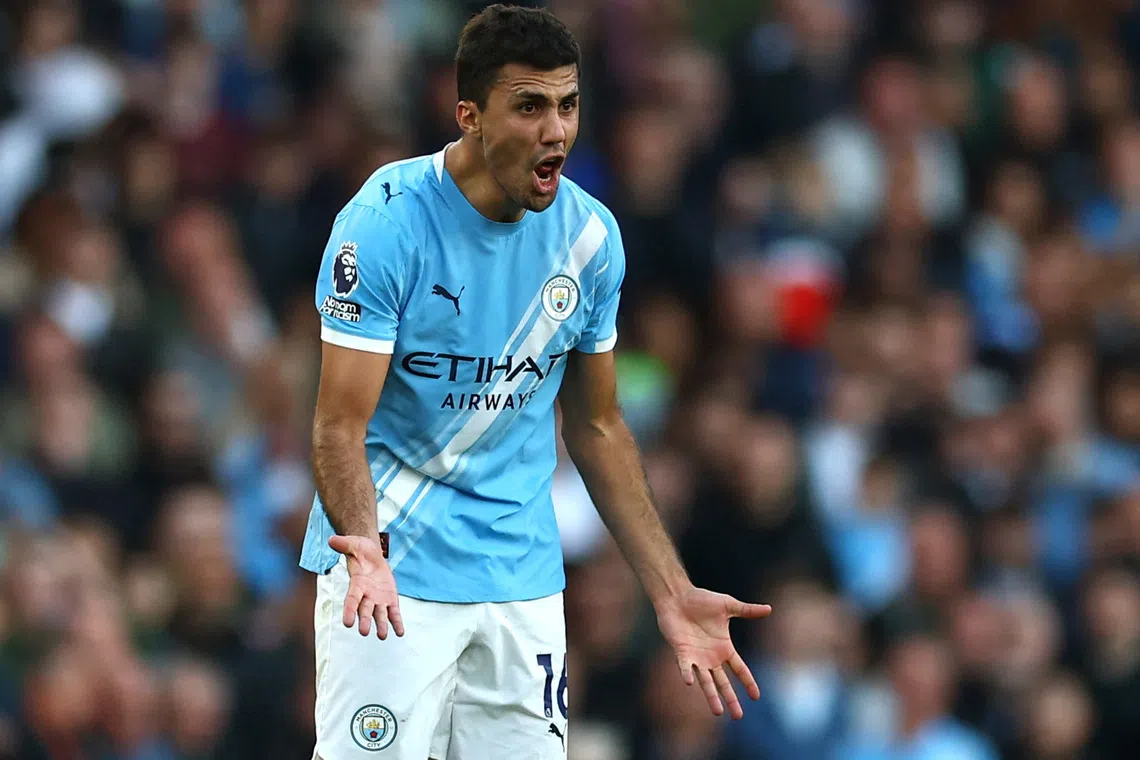 Soccer Football - Premier League - Arsenal v Manchester City - Emirates Stadium, London, Britain - September 21, 2025 Manchester City's Rodri reacts during the match Action Images via Reuters/Matthew Childs
