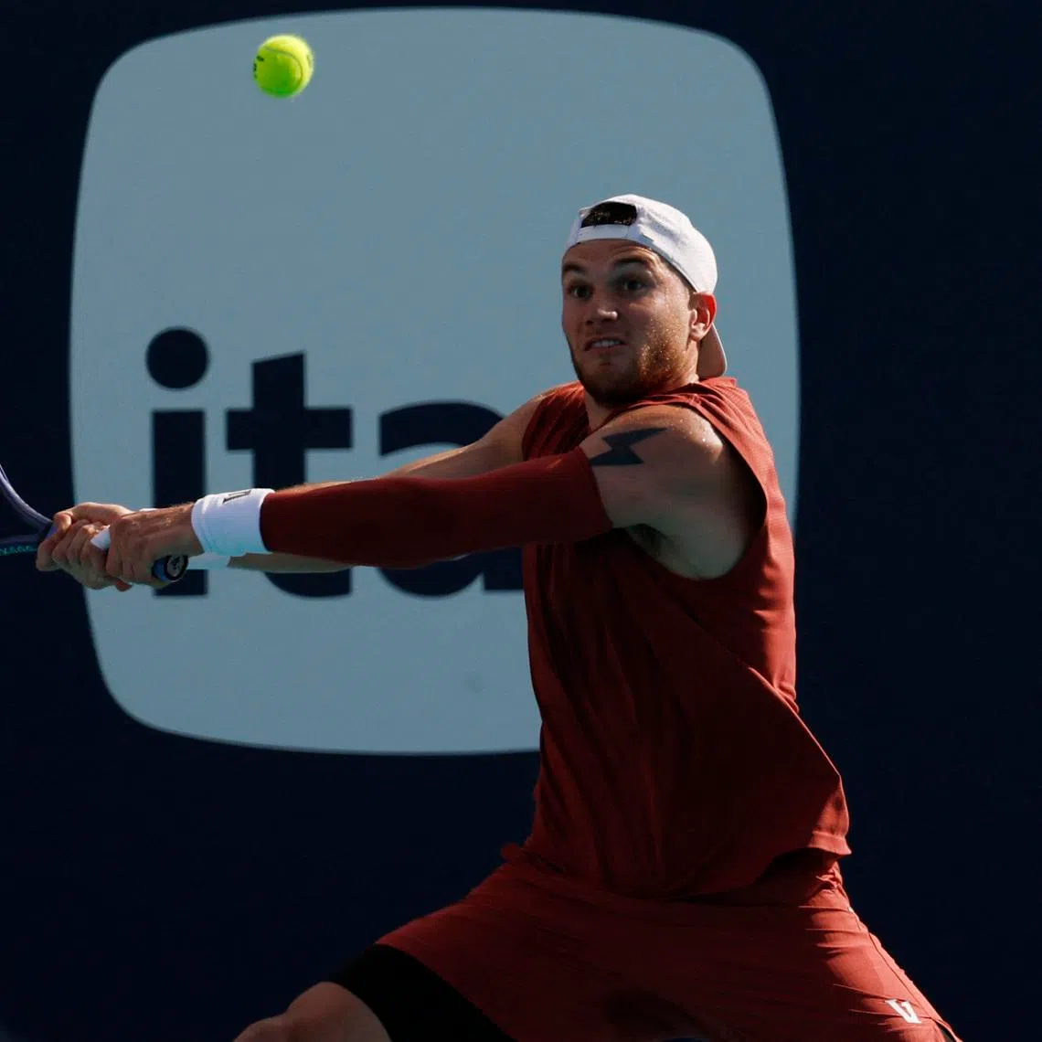 Mar 20, 2026; Miami Gardens, FL, USA; Jack Draper (GBR) hits a backhand against Reilly Opelka (USA) (not pictured) on day four of the 2026 Miami Open at Hard Rock Stadium. Geoff Burke-Imagn Images