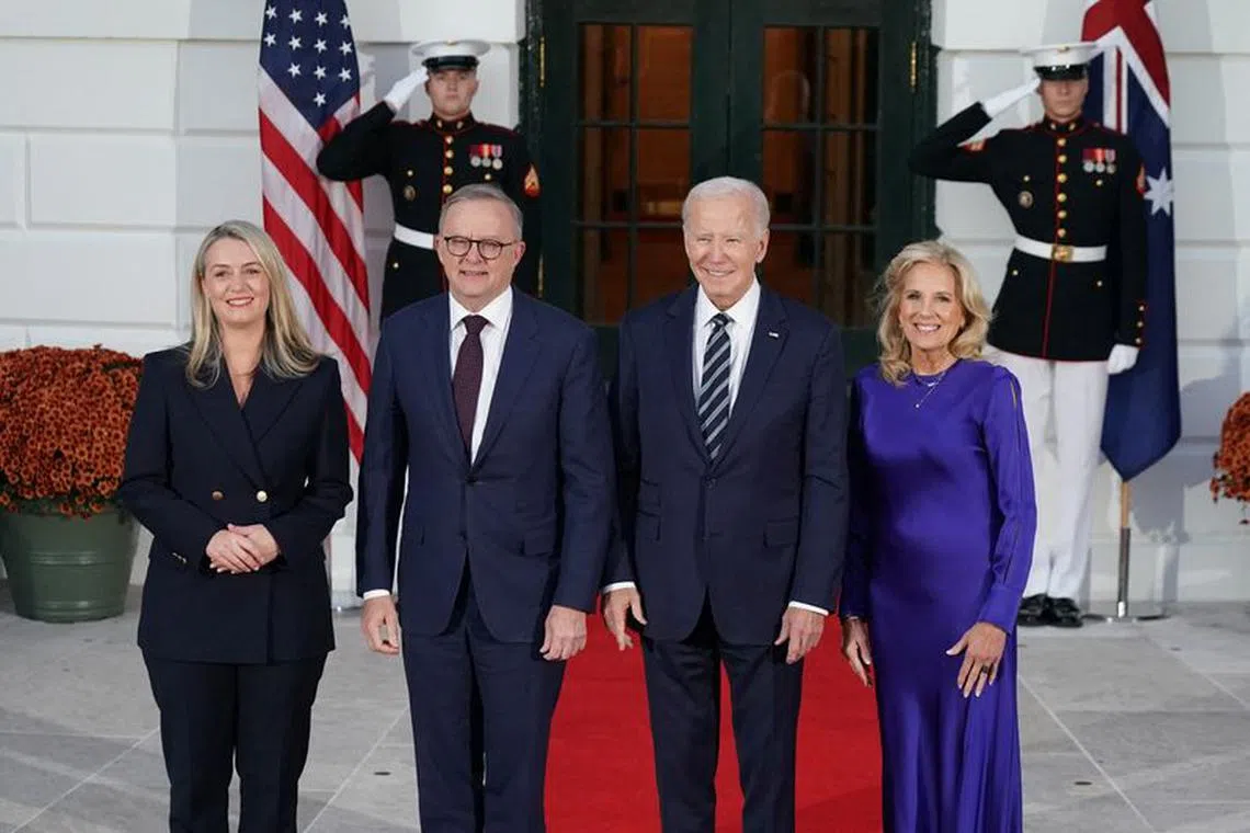 U.S. President Joe Biden and first lady Jill Biden welcome Australian Prime Minister Anthony Albanese and his partner Jodie Haydon to the White House ahead of an official state visit at the White House in Washington, D.C., U.S., October 24, 2023. REUTERS/Sarah Silbiger