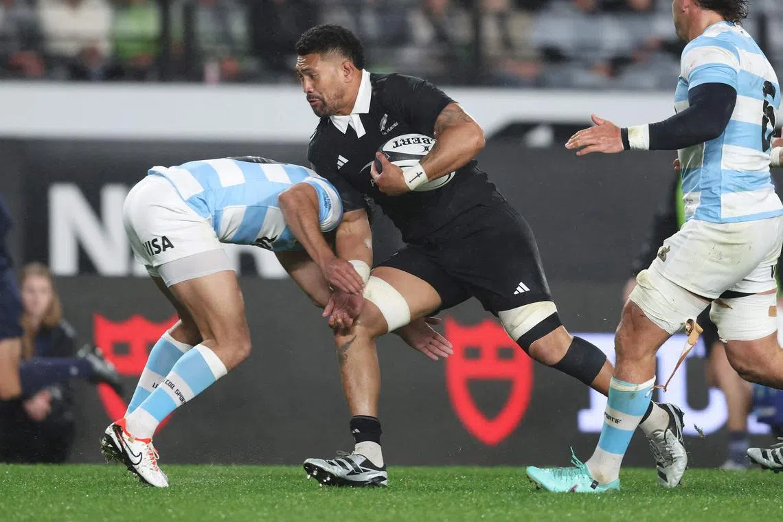 New Zealand’s Ardie Savea is tackled during the Rugby Championship match against Argentina at Auckland's Eden Park on Aug 17, 2024.