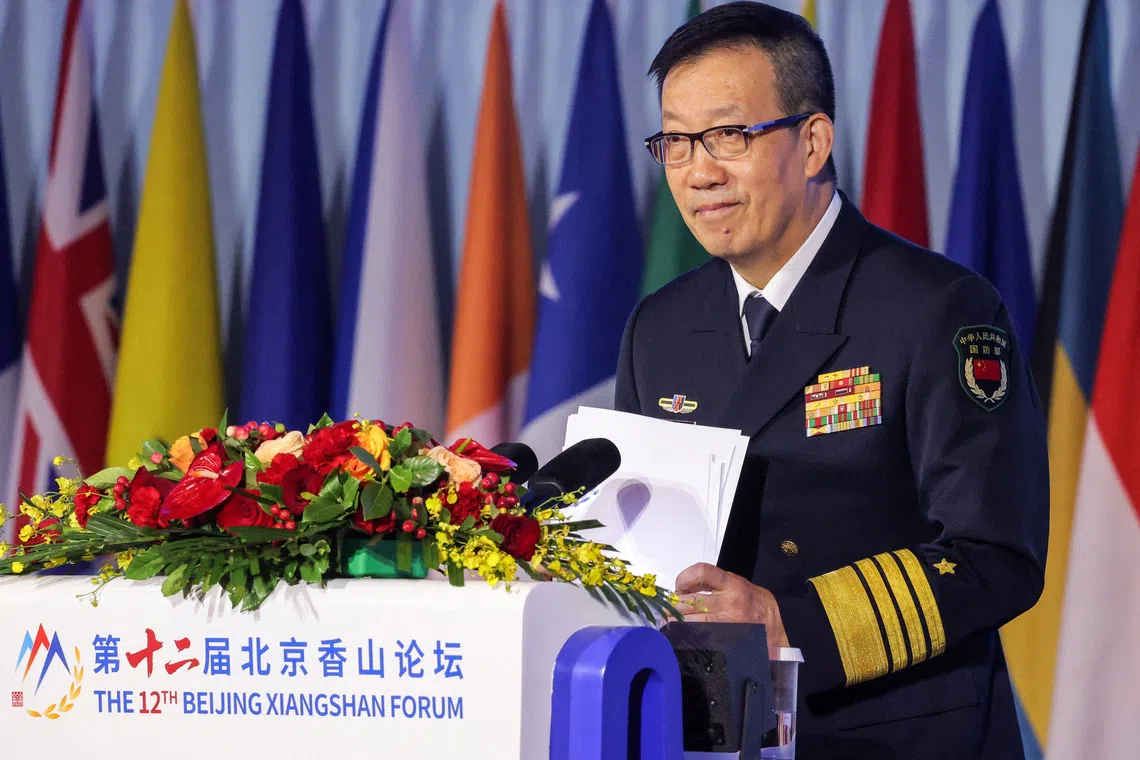 Chinese Defence Minister Dong Jun speaks during Beijing Xiangshan Forum in Beijing, China September 18, 2025. REUTERS/Maxim Shemetov