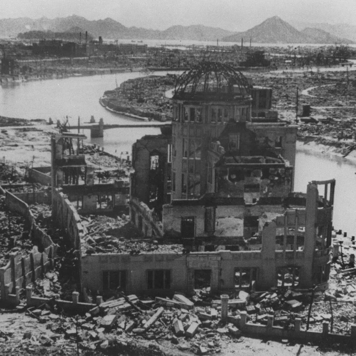 A photo dated September 1945 of the remains of the Prefectural Industry Promotion Building after the nuclear bombing of Hiroshima, Japan.