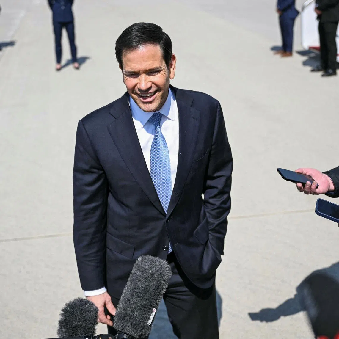 U.S. Secretary of State Marco Rubio speaks to reporters before boarding a plane as he is headed to France where he will take part in the G7 foreign ministers' meeting, at Joint Base Andrews in Maryland, U.S., March 26, 2026.     Brendan Smialowski/Pool via REUTERS