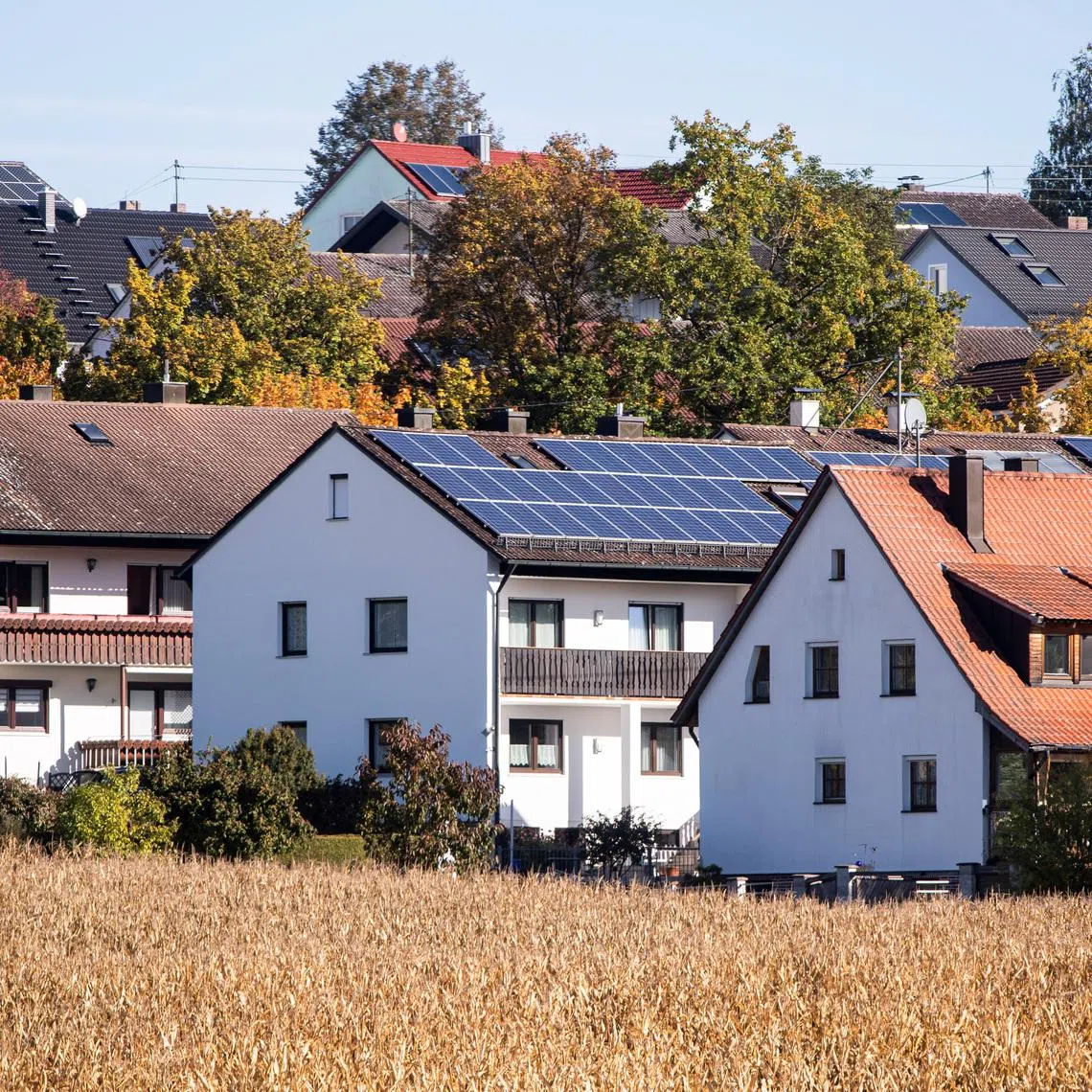 Photovoltaic panels are seen on the roofs of buildings located in Mainburg, north-west of the Bavarian capital Munich, Germany, October 20, 2021. REUTERS/Lukas Barth