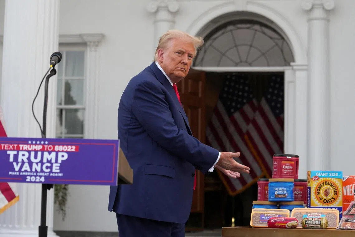 Donald Trump displayed grocery staples to spotlight inflation under Democrats at his golf club in Bedminster, New Jersey, on Aug 15, 2024.