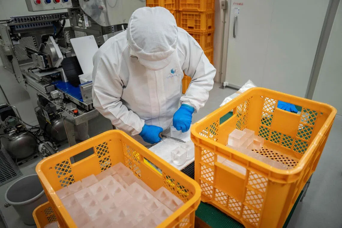 This picture taken on June 15 shows a worker hand-carving ice at the Kuramoto Ice factory in Kanazawa.