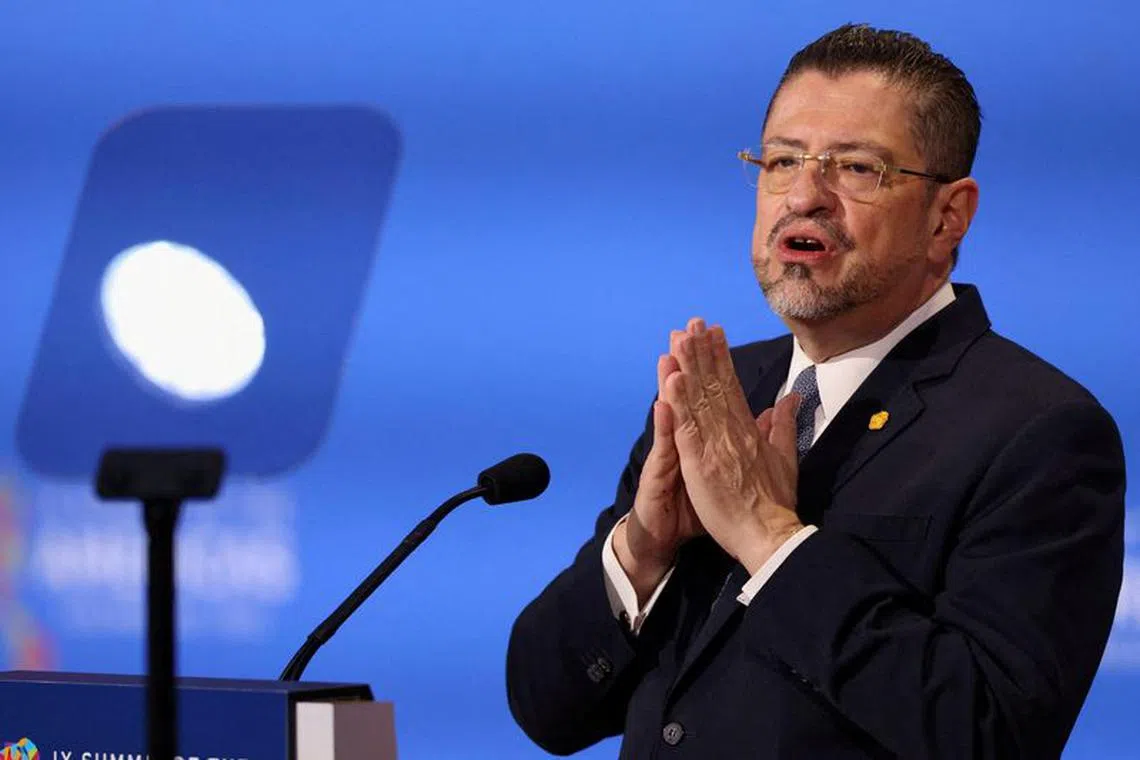 FILE PHOTO: Costa Rica's President Rodrigo Chaves speaks at the Leaders' Second Plenary Session during the Ninth Summit of the Americas in Los Angeles, California, U.S., June 10, 2022. REUTERS/Mike Blake/File Photo