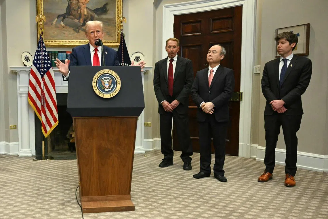 US President Donald Trump announcing the "Stargate" AI project, flanked by (from right) OpenAI CEO Sam Altman, SoftBank Group CEO Masayoshi Son and Oracle chairman  Larry Ellison.
