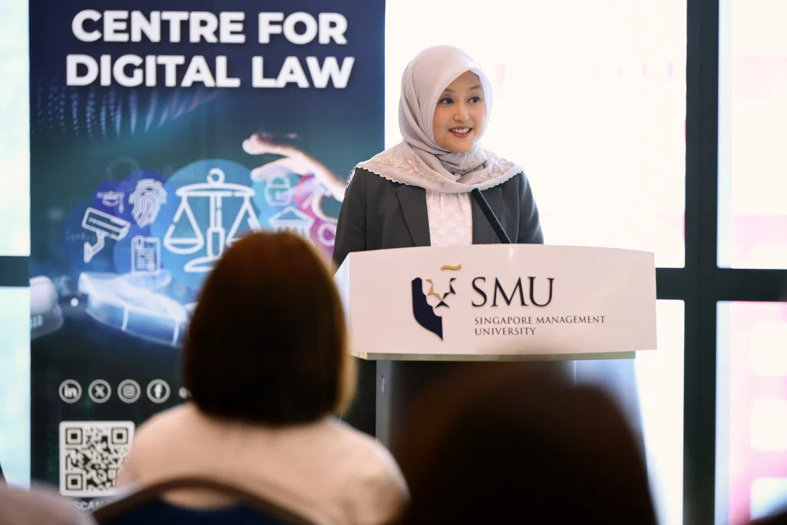 Minister of State for Digital Development and Information Rahayu Mahzam speaking at the launch of YouthTechSG’s report at the Singapore Management University on Sept 14.