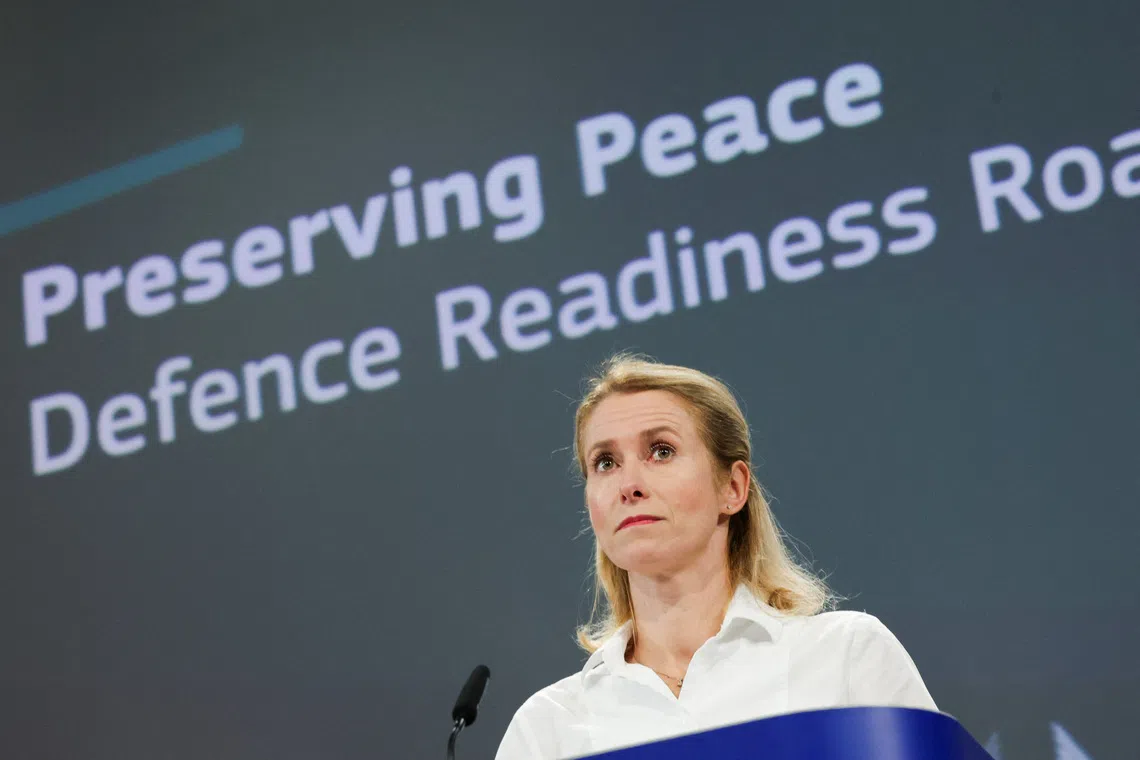 EU High Representative for Foreign Affairs and Security Policy Kaja Kallas presents \"Defence Readiness Roadmap 2030\", during a press conference in Brussels, Belgium October 16, 2025.  REUTERS/Yves Herman