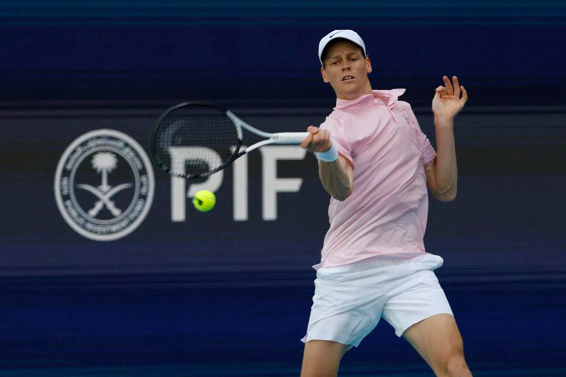 Mar 21, 2026; Miami Gardens, FL, USA; Jannik Sinner (ITA) hits a forehand against Damir D?umhur (BIH) (not pictured) on day five of the 2026 Miami Open at Hard Rock Stadium. Mandatory Credit: Geoff Burke-Imagn Images
