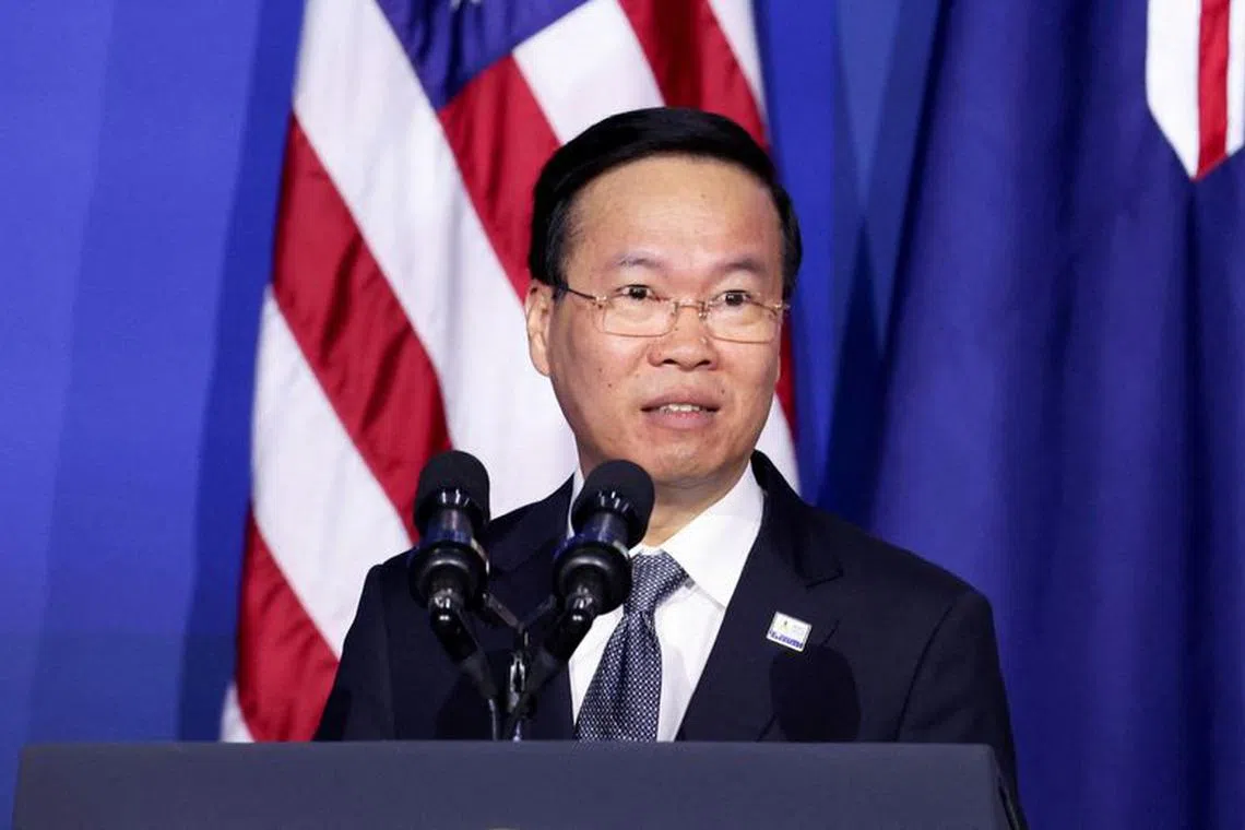 FILE PHOTO: Vietnam's President Vo Van Thuong speaks as he attends the Indo-Pacific Economic Framework (IPEF) Leaders event at the Asia-Pacific Economic Cooperation (APEC) CEO Summit in San Francisco, California, U.S. November 16, 2023. REUTERS/Brittany Hosea-Small/File Photo