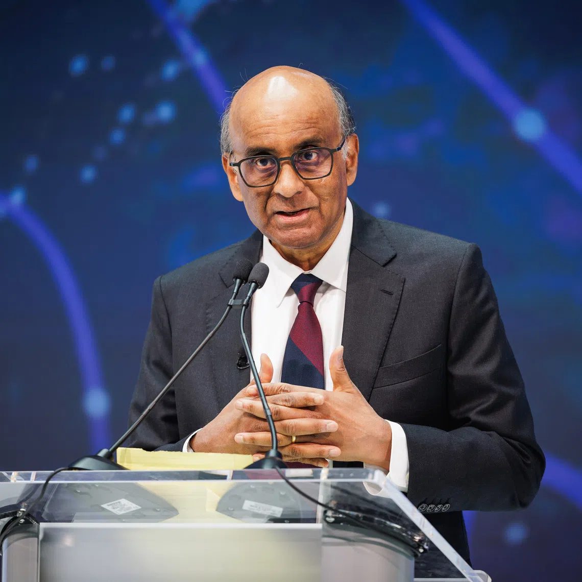Singapore's President Tharman Shanmugaratnam delivering the 2025 Per Jacobsson Foundation Lecture at the International Monetary Fund's headquarters in Washington DC on Oct 15, 2025.