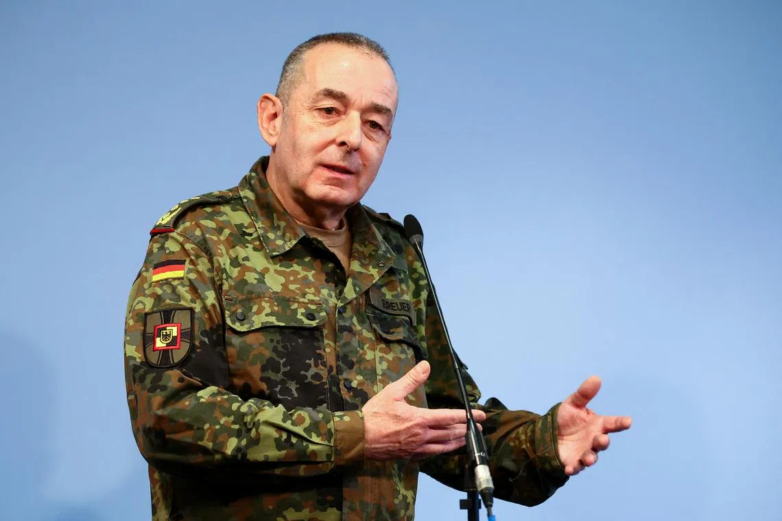 Inspector General of the Bundeswehr Carsten Breuer speaks on the day German Defence Minister Boris Pistorius (not pictured) announces the decision of the new general structure of the armed forces, in Berlin, Germany April 4, 2024. REUTERS/Lisi Niesner/File Photo