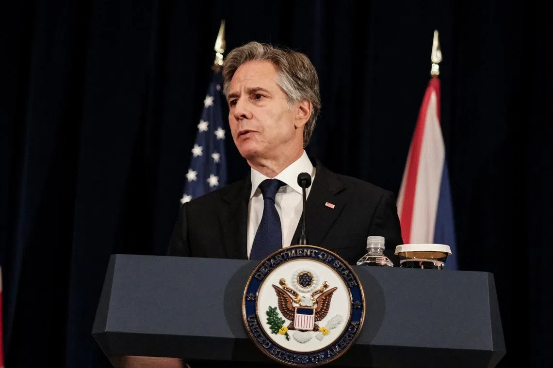 U.S. Secretary of State Antony Blinken holds a joint press conference with British Foreign Secretary David Cameron at the State Department in Washington, U.S., April 9, 2024. REUTERS/Michael A. McCoy