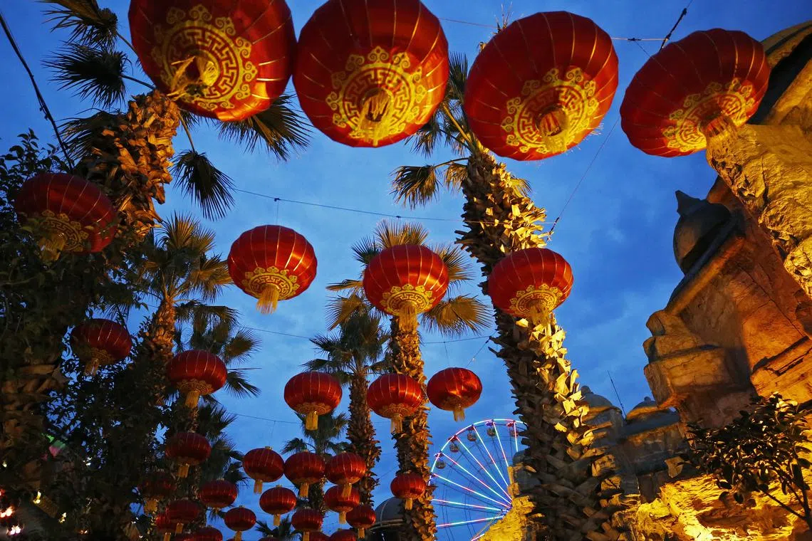 Red lanterns are hung during the Chinese Lunar New Year celebration in Athens, Greece, on Feb 10, 2024. 