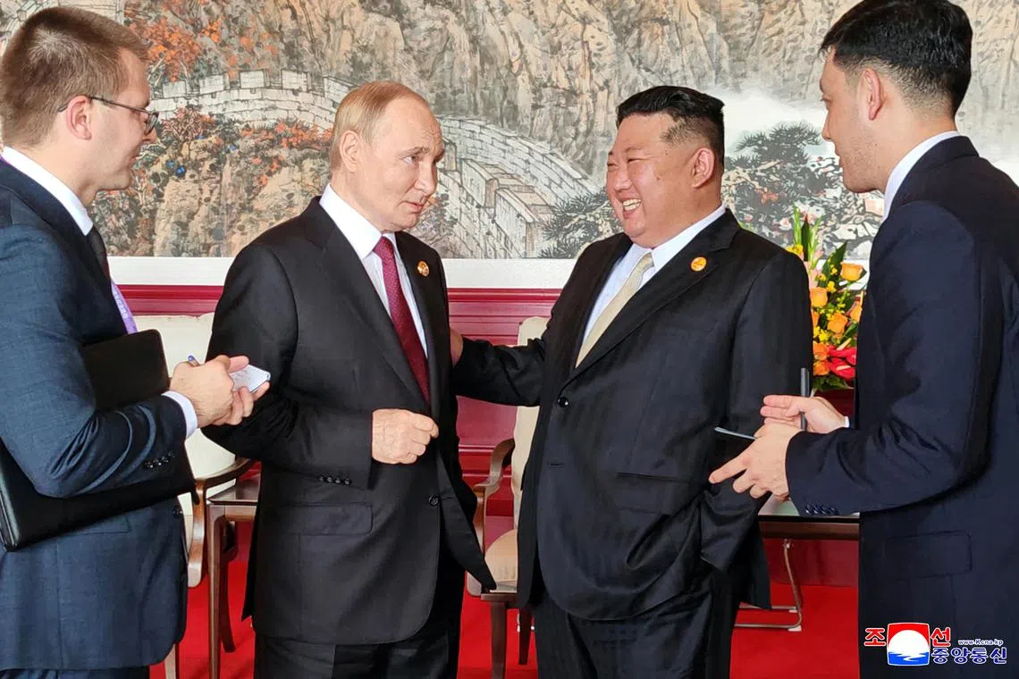 North Korean leader Kim Jong Un meets Russian President Vladimir Putin in Beijing, China, in this picture released by the Korean Central News Agency, September 3, 2025.   KCNA via REUTERS