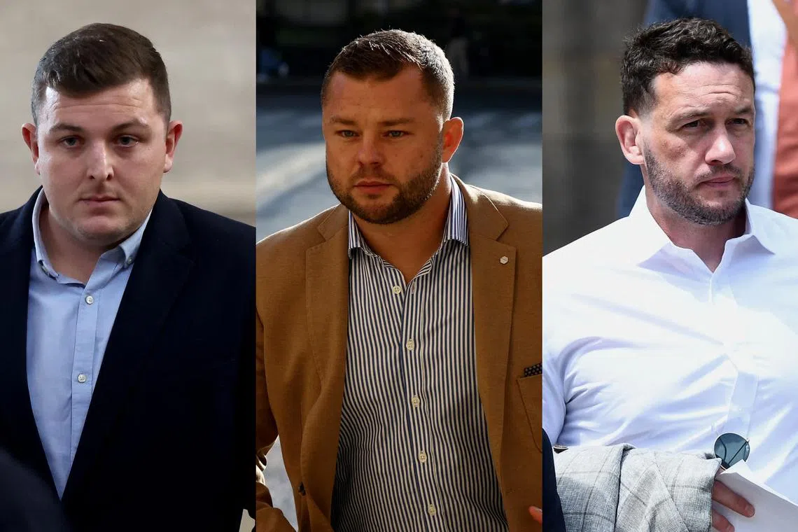 (From left) Irishman Denis Coulson, Frenchman Loick Jammes and New Zealander Rory Grice were jailed over the 2017 gang rape of a student.
