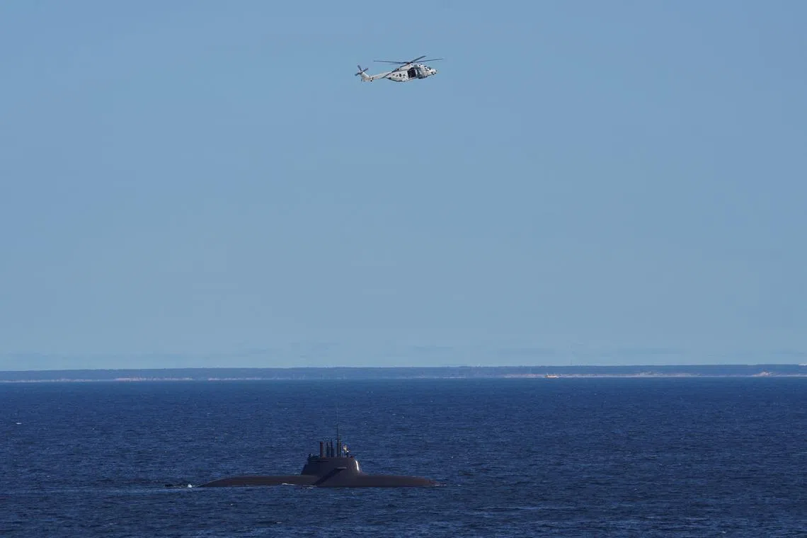FILE PHOTO: A German U-32 submarine sails during the Northern Coasts 2023 exercise in the Baltic Sea, September 18, 2023. REUTERS/Janis Laizans/File Photo
