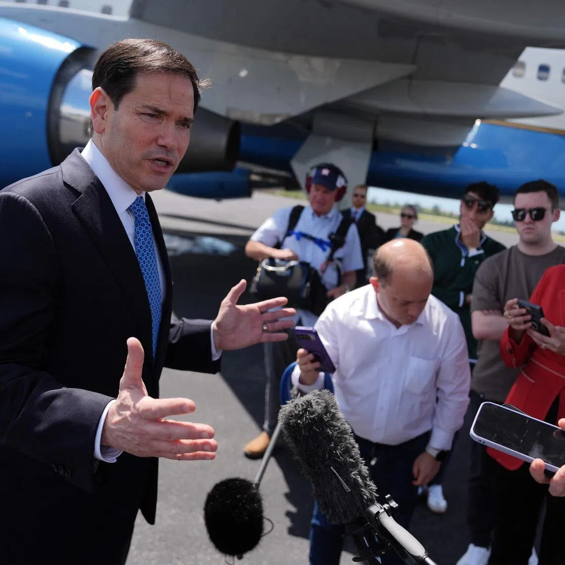 US Secretary of State Marco Rubio speaking to the press before boarding his plane on May 21 to travel to a meeting of NATO foreign ministers in Sweden.