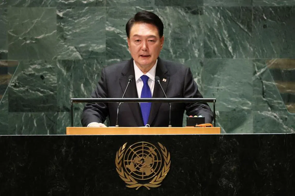 South Korea's President Yoon Suk Yeol addresses the 78th United Nations General Assembly at U.N. headquarters in New York, U.S., September 20, 2023. REUTERS/Caitlin Ochs