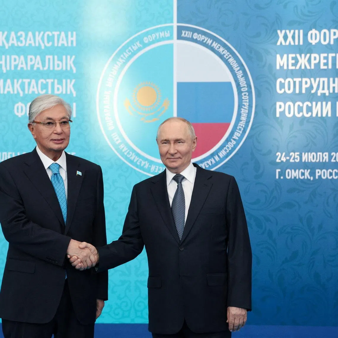 Russian President Vladimir Putin and Kazakh President Kassym-Jomart Tokayev attend the 22nd Russia–Kazakhstan Interregional Cooperation Forum in Omsk, Russia, July 25, 2026. Sputnik/Vyacheslav Prokofyev/Pool via REUTERS