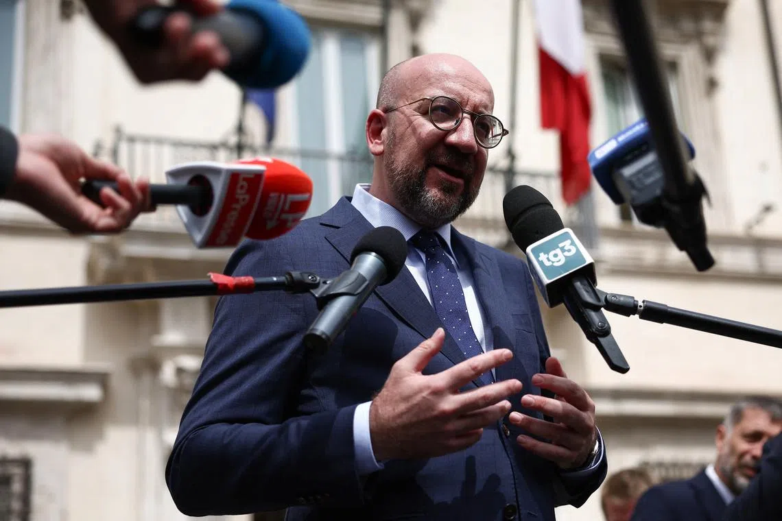 European Council President Charles Michel gives a statement to the press after meeting with Italian Prime Minister Giorgia Meloni, outside Palazzo Chigi in Rome, Italy, April 11, 2024. REUTERS/Guglielmo Mangiapane/ File photo