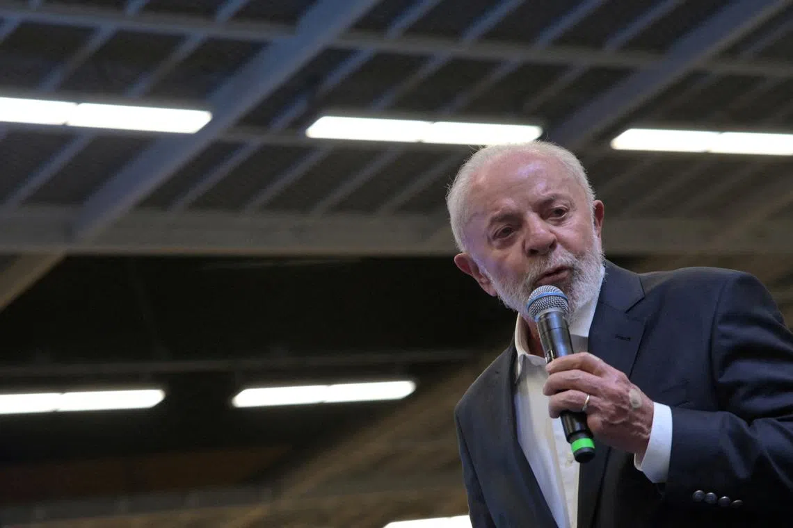 Brazil's President Luiz Inacio Lula da Silva speaks during a visit to Stellantis' Automotive Hub in Betim, Minas Gerais state, Brazil, March 11, 2025. REUTERS/Washington Alves/File Photo