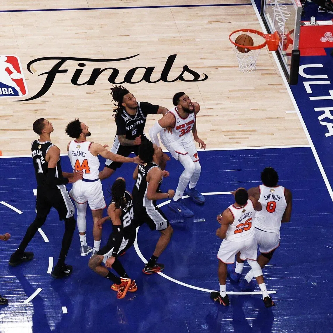 New York Knicks forward OG Anunoby (No. 8) makes a game-winning tip shot against San Antonio Spurs during game four of the 2026 NBA Finals in the final second of the fourth quarter on June 8.