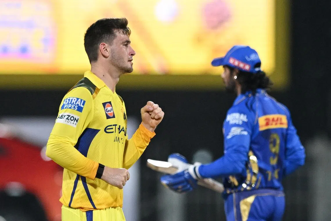Cricket - Indian Premier League - IPL - Chennai Super Kings v Mumbai Indians - M.A. Chidambaram Stadium, Chennai, India - March 23, 2025 Chennai Super Kings' Noor Ahmad celebrates the wicket of Mumbai Indians' Tilak Varma REUTERS/Stringer