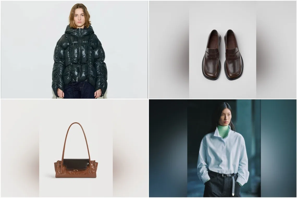 (Clockwise, from top left): Hosbjerg Paris Puffer Jacket, Camper Donna loafer, Uniqlo Heatteach Extra Warm Cashmere Blend Turtleneck T-Shirt and Marni Trunkette Bag.