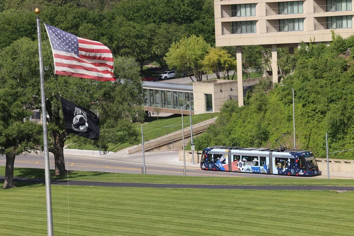 The streetcar travels up the hill near Liberty Memorial, as the city prepares to host the 2026 FIFA World Cup matches, in Kansas City, Missouri, U.S, May 9, 2026. REUTERS/Katie Currid