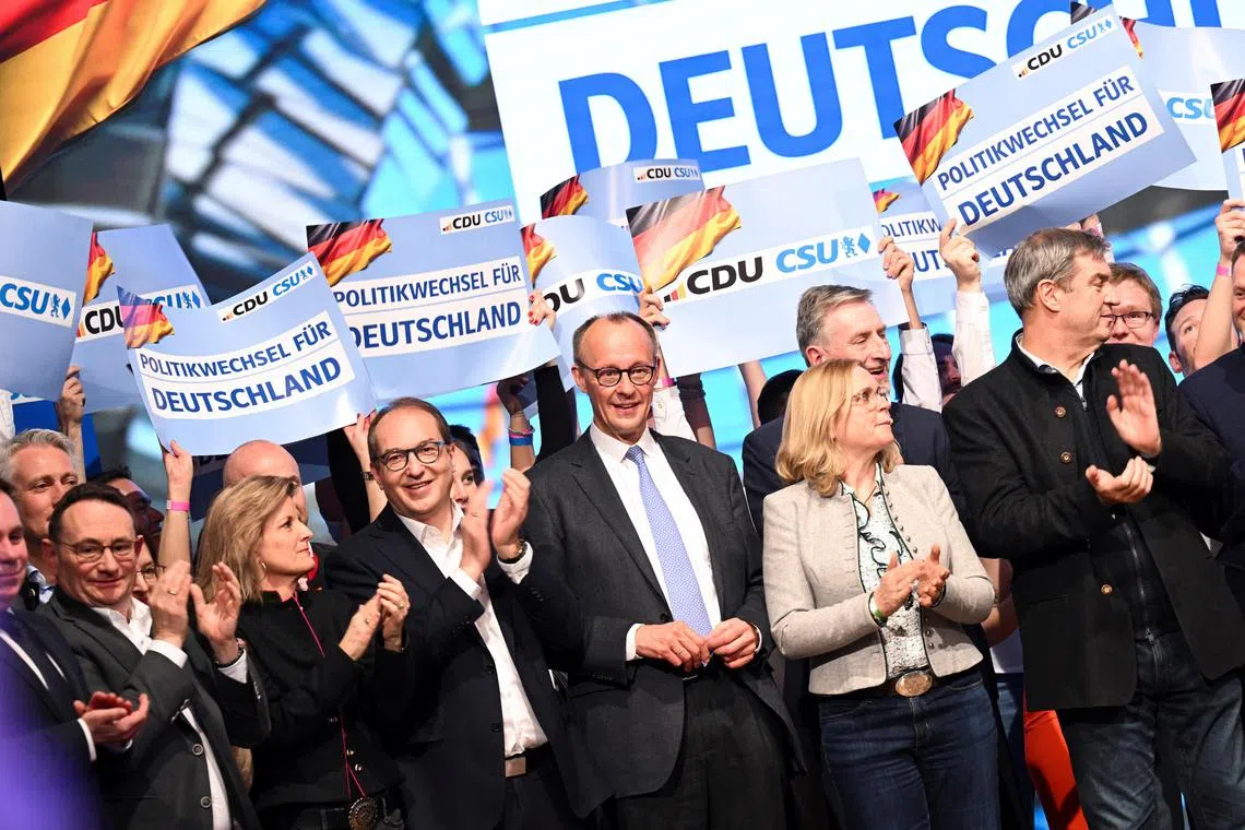 CDU chairman Friedrich Merz (centre) is set to become Germany’s next chancellor after the CDU won 28.5 per cent of the vote in the Feb 23 elections. 