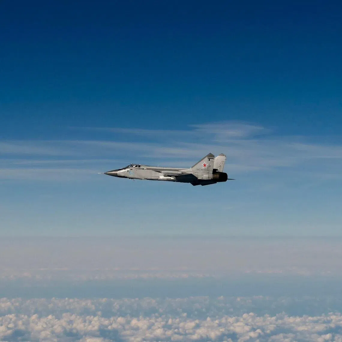 This Sept 19, 2025 hand out image released by the Swedish Airforce shows a Russian MIG-31 fighter jet flying above the Baltic sea after violating Estonian air space.